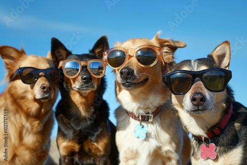 Stylish and trendy canine friends posing outdoors in cool sunglasses on a bright sunny day with a blue sky. Embracing the fun and togetherness of pets and fashionable eyewear