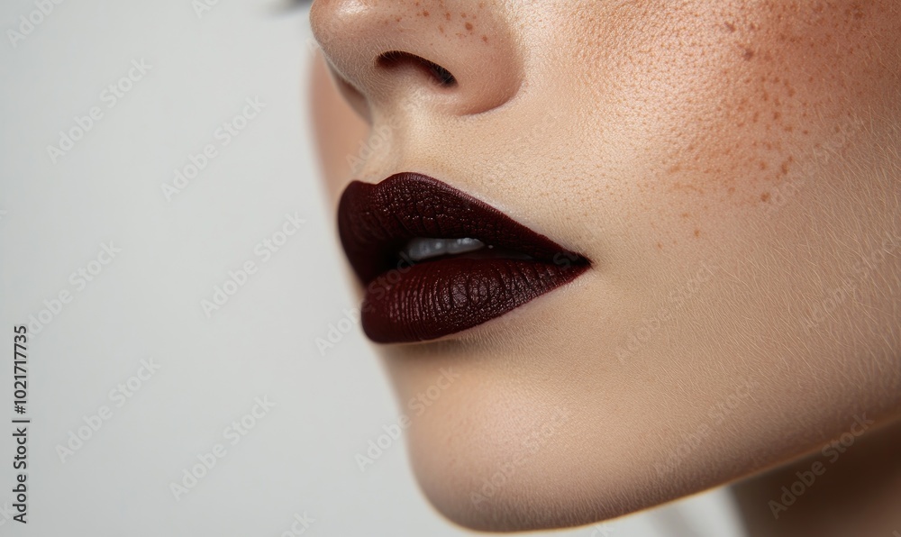 A woman with a red lip is shown in profile A woman with a red lip is shown in profile