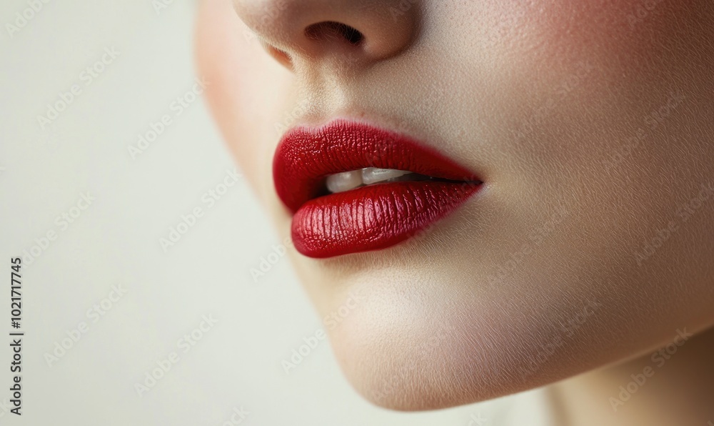 A woman's lips are painted red A woman's lips are painted red