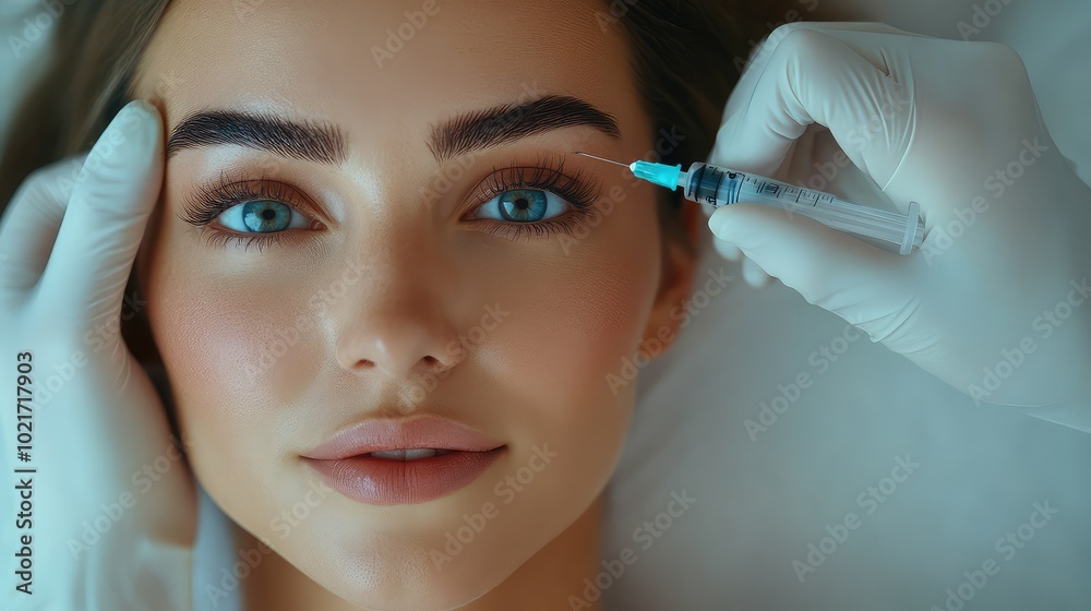 Award-winning close-up portrait of a beautiful woman undergoing a facial treatment with hyaluronic acid syringe, capturing the precision and elegance of professional skincare Award-winning close-up portrait of a beautiful woman undergoing a facial treatment with hyaluronic acid syringe, capturing the precision and elegance of professional skincare
