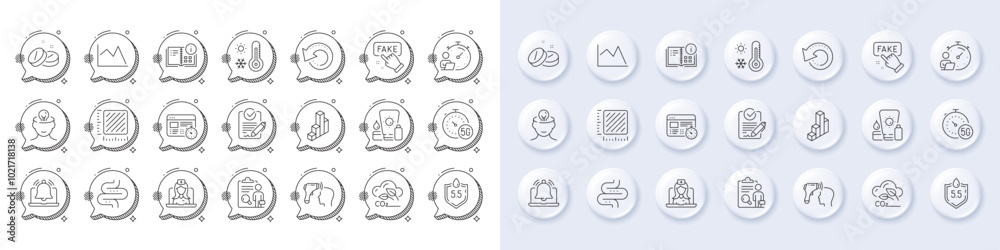 Sunscreen, Ph neutral and Fake information line icons. White pin 3d buttons, chat bubbles icons. Pack of Instruction info, Timer, Medical tablet icon. Web timer, Intestine, Reminder pictogram. Vector Sunscreen, Ph neutral and Fake information line icons. White pin 3d buttons, chat bubbles icons. Pack of Instruction info, Timer, Medical tablet icon. Web timer, Intestine, Reminder pictogram. Vector