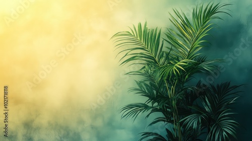 High-resolution image of a green and yellow background with a palm plant in the foreground