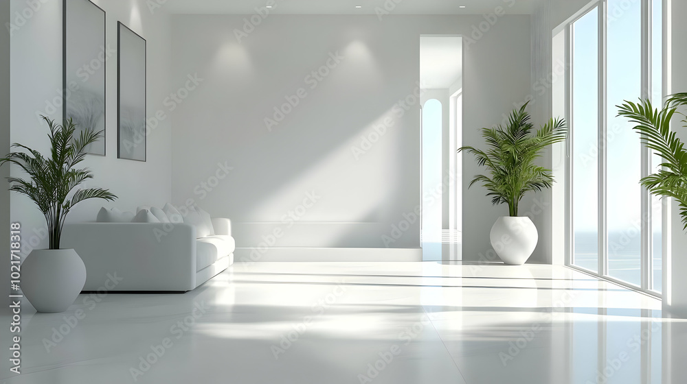 Modern Living Room 3D Render: White Interior Design with Palm Trees and Sunlight Modern Living Room 3D Render: White Interior Design with Palm Trees and Sunlight