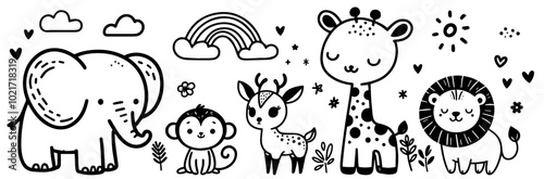 adorable jungle animals with clouds, sun, and plants in black vector