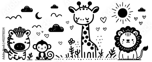 playful cartoon jungle animals and nature scene for kids in black vector