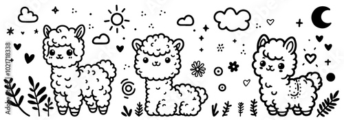 adorable alpaca animals with clouds, sun, and plants in black vector