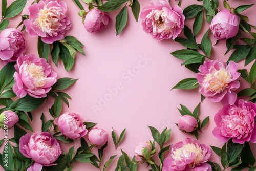 Pink Peonies with Green Leaves on Soft Pink Background