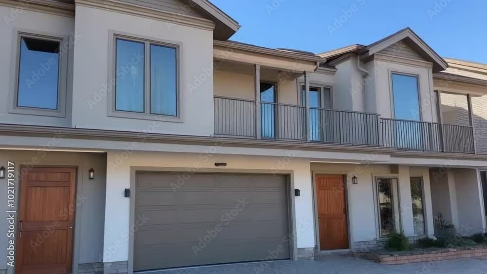 Three-story townhouse with an attached garage and modern exterior, featuring stylish windows and doors. Three-story townhouse with an attached garage and modern exterior, featuring stylish windows and doors.