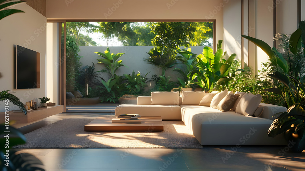 Tropical Living Room Interior Design 3D Illustration