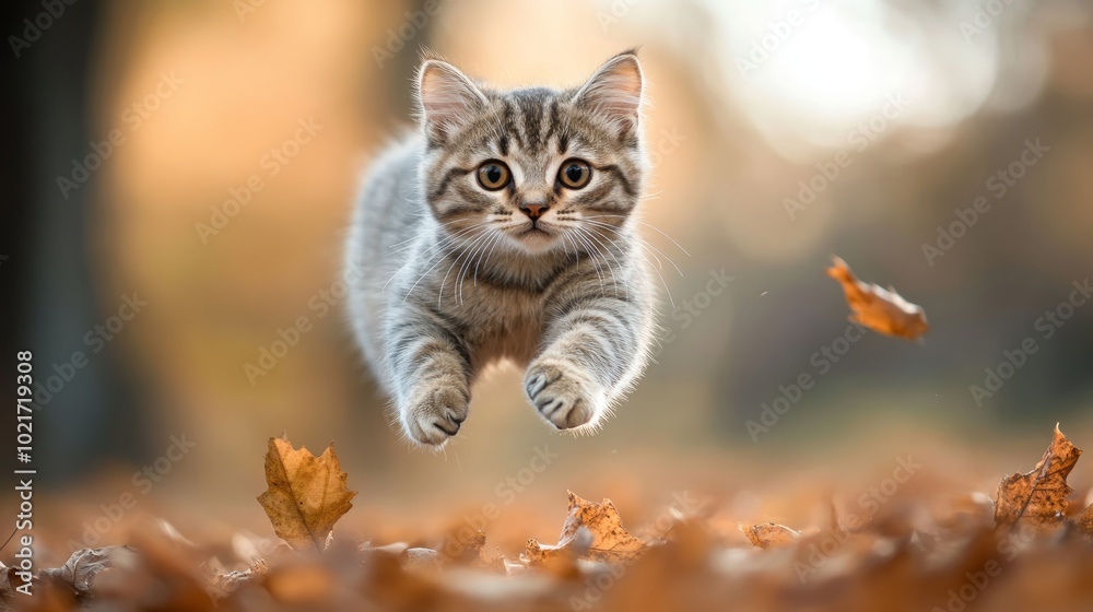 Fototapeta premium A playful tabby kitten leaps through the air, surrounded by autumn leaves, with a joyful expression.