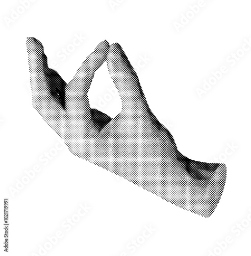 Zen, hand sign, finger gesture. Halftone style vector isolated on white background.