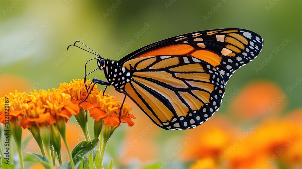 Fototapeta premium Monarch butterfly on vibrant orange flowers.