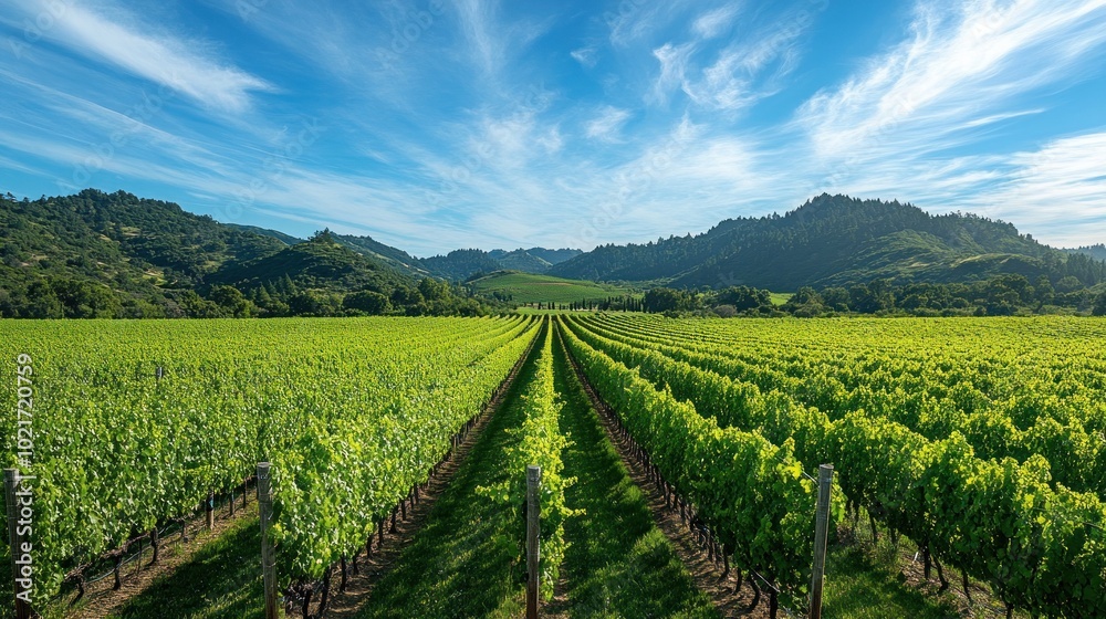 Rows of grape vines in a vineyard with rolling hills and a blue sky. Rows of grape vines in a vineyard with rolling hills and a blue sky.