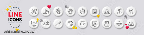 Dish plate, Cleaning spray and Clean bubbles line icons. White buttons 3d icons. Pack of Sponge, Fork, Window cleaning icon. Hand sanitizer, Hand washing, Water splash pictogram. Vector