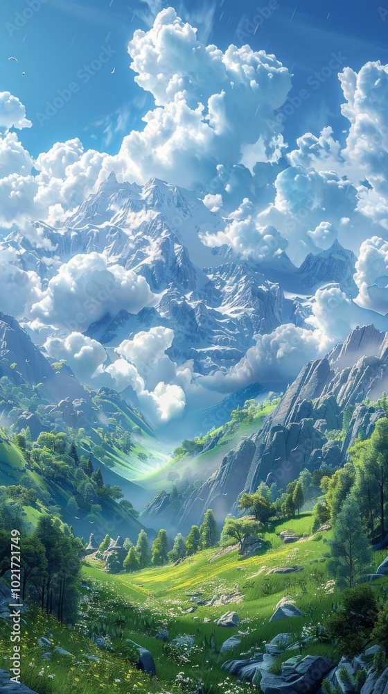 Obraz premium Majestic Mountain Valley Landscape Illustration