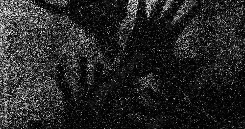 Silhouette of a men's hands touching glass and static tv noise, scary movie tv screen noise