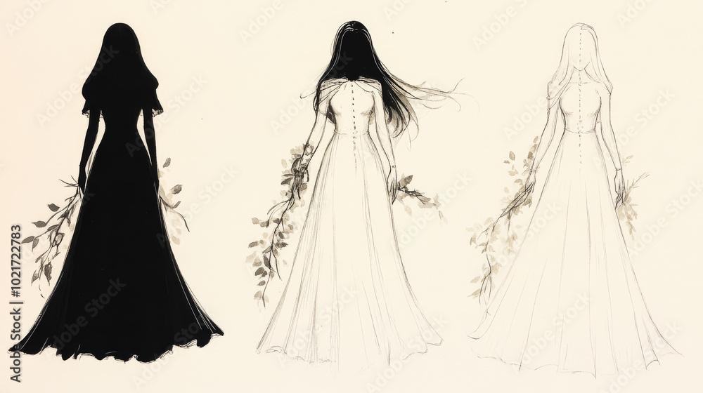 A woman's dress design illustrated in black, grey, and white ink, with foliage. A woman's dress design illustrated in black, grey, and white ink, with foliage.