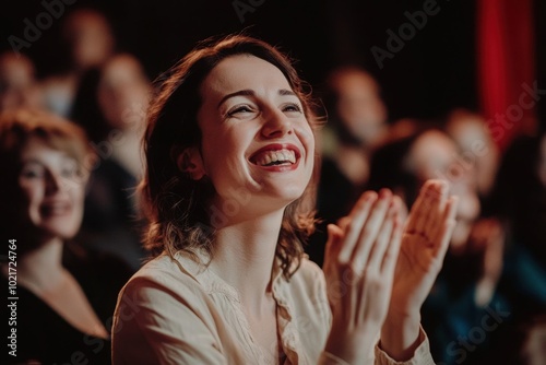 a woman is clapping in front of an audience