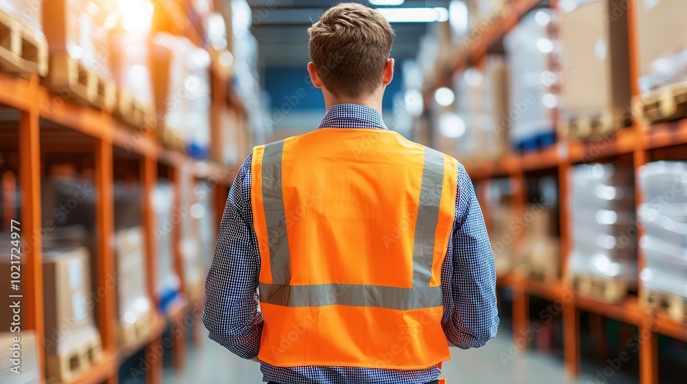 Fototapeta premium A worker in a high-visibility vest faces a warehouse aisle filled with stacked boxes and shelves, indicative of logistics and inventory management.