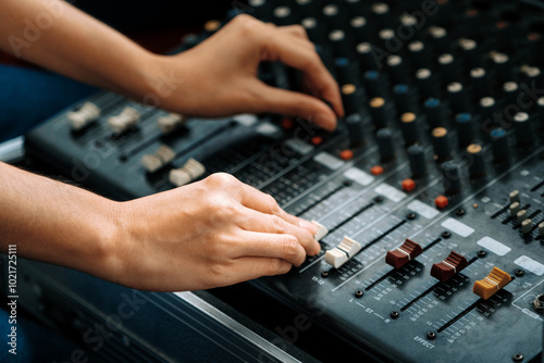 Amplifier mixer and equalizer in studio room in close up view. uds