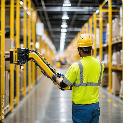 A worker in a yellow helmet and reflective clothing operates a robotic arm in a warehouse filled with stacked shelves and boxes.