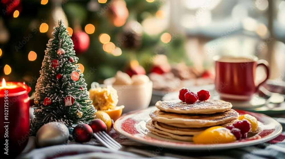 Delicious pancakes with fresh berries and festive decorations during a cozy winter morning breakfast Delicious pancakes with fresh berries and festive decorations during a cozy winter morning breakfast