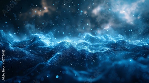 Blue and black digital image of a terrain with a starry night sky above