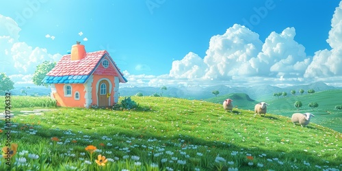 A small cottage in the middle of the field