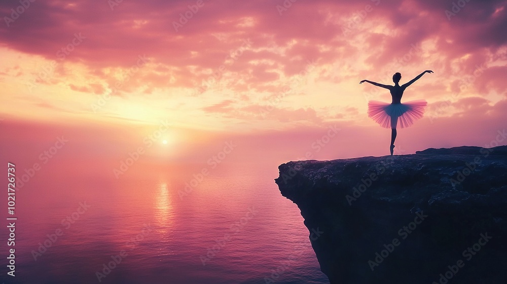 A ballet dancer in a tutu gracefully stands atop a cliff, gazing out over serene waters as the sun sets behind her A ballet dancer in a tutu gracefully stands atop a cliff, gazing out over serene waters as the sun sets behind her