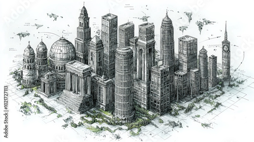 A detailed architectural sketch of various famous skyscrapers from different cities, symbolizing architectural progress and iconic landmarks around the globe. #1021727113