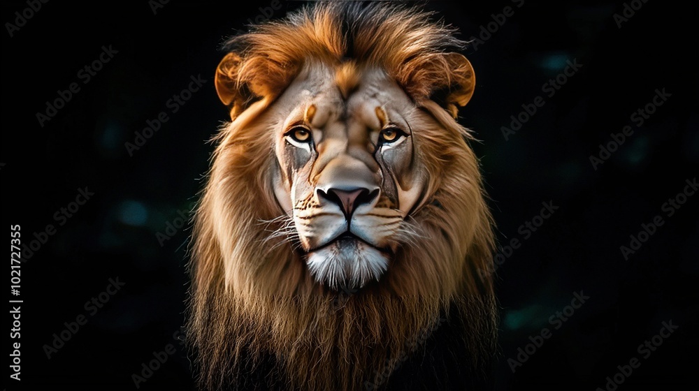 Fototapeta premium A close-up of a lion's face against a black background with a clear image of its head
