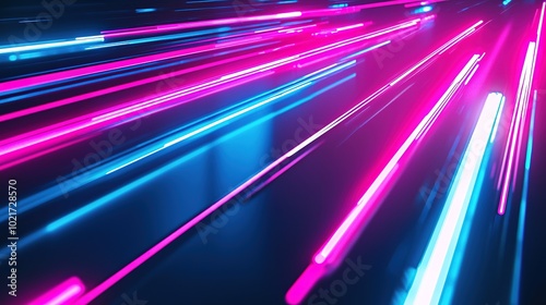 A vibrant display of blue and pink light streaks creates a dynamic, futuristic atmosphere, reminiscent of digital art or sci-fi themes.