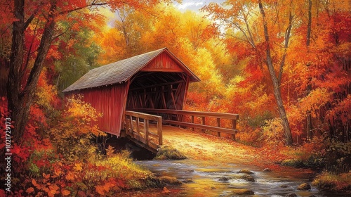 A red covered bridge stands in an autumnal forest, with golden and red leaves surrounding it. The bridge spans a small river, with water flowing beneath it. The sun shines on the scene, 