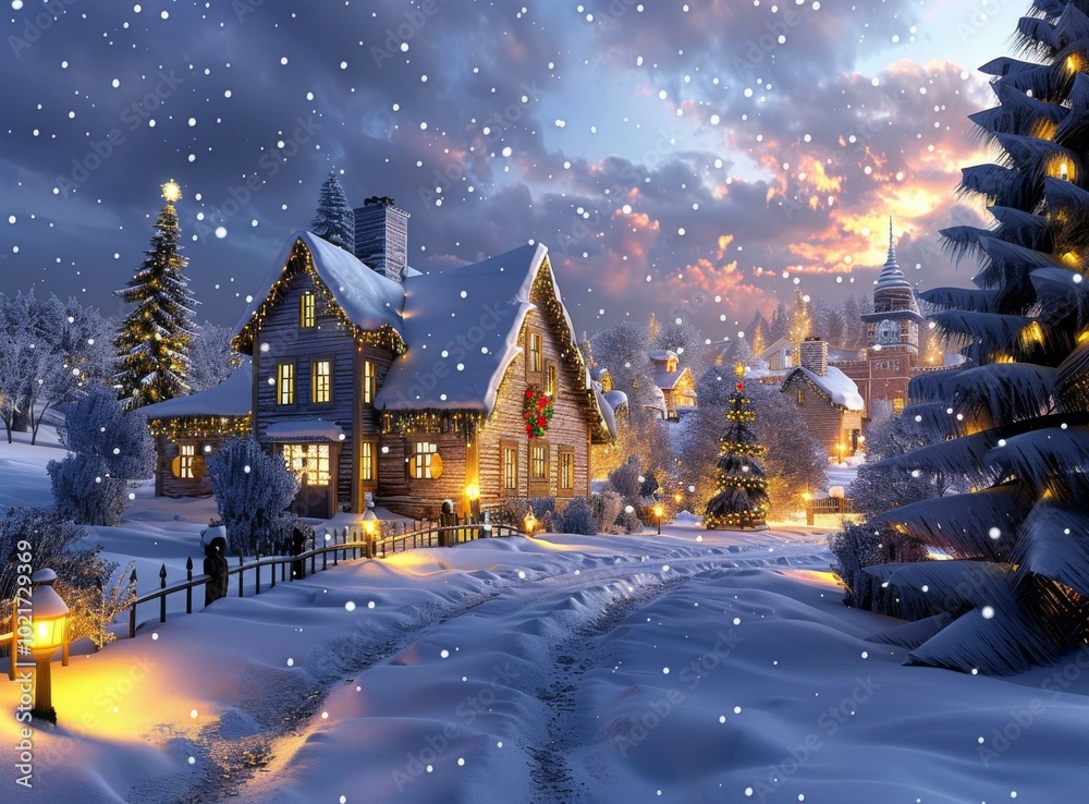 Snowy Christmas Village Scene Illustration Snowy Christmas Village Scene Illustration