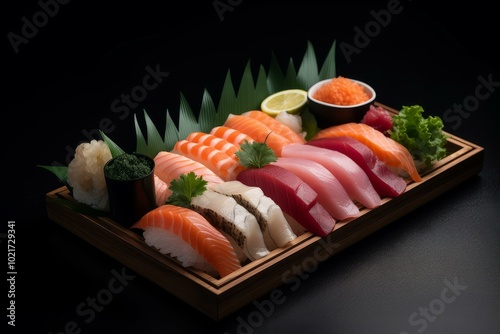 Traditional Sushi set sashimi. Popular and delicious japanese food wooden table. Generate AI photo