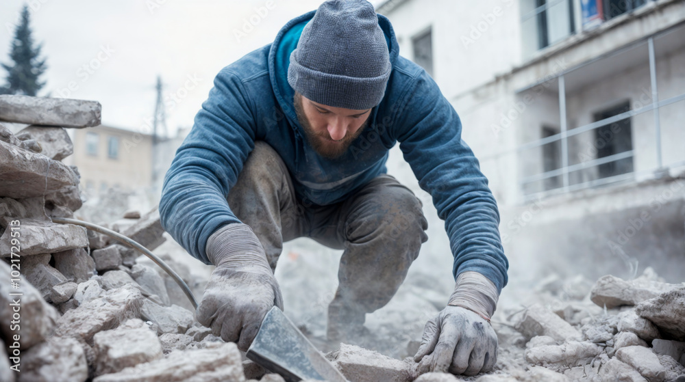 A construction worker is focused on clearing rubble at a demolition site, wearing gloves and a hat as dust rises around him
