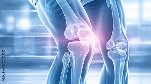 Detailed X-ray image revealing human knee joint with a focus on a highlighted area indicating pain, using a transparent skeletal overlay for visibility.