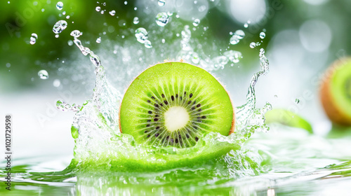 A ripe kiwi slice plunges into water, creating an explosion of droplets amidst a refreshing green backdrop