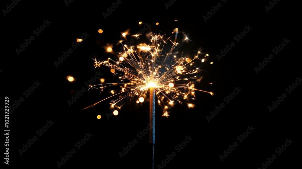 A single burning sparkler with bright glowing sparks against a black background. A single burning sparkler with bright glowing sparks against a black background.