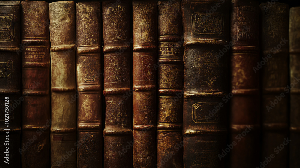 Close-up of antique leather-bound books lined on a dark library shelf Close-up of antique leather-bound books lined on a dark library shelf