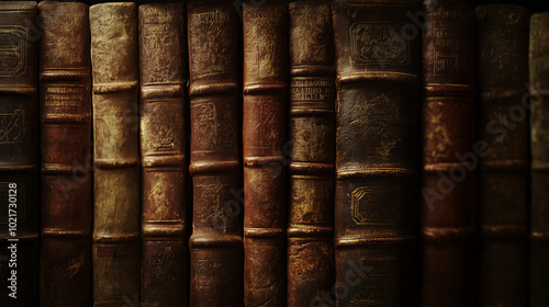 Close-up of antique leather-bound books lined on a dark library shelf