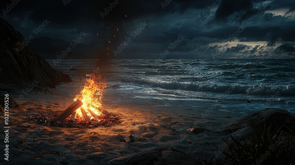 A beach nightcampfire, surrounded by dark sky and crashing waves A beach nightcampfire, surrounded by dark sky and crashing waves