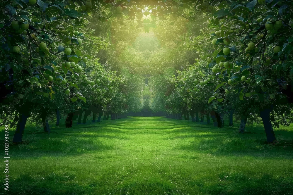 The sun shines through the green apple trees in the orchard The sun shines through the green apple trees in the orchard