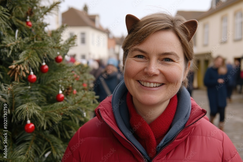 Festive cheer: woman in red jacket with reindeer antler headband near christmas tree Festive cheer: woman in red jacket with reindeer antler headband near christmas tree