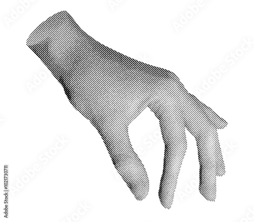 Hand holding something between fingers. Halftone style vector isolated on white background.