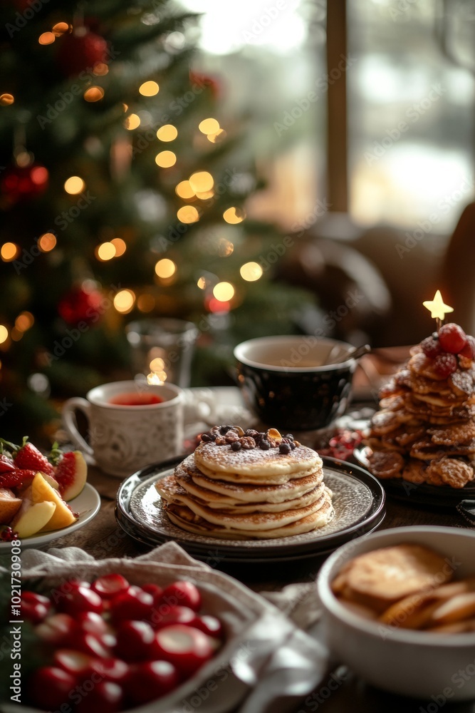 Delicious Christmas breakfast spread featuring pancakes, fruits, and festive decorations near a beautifully lit tree Delicious Christmas breakfast spread featuring pancakes, fruits, and festive decorations near a beautifully lit tree