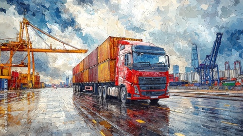 A bright red cargo truck maneuvers through a bustling, wet dock with cranes, surrounded by a cloudy sky, highlighting industrial logistics and transportation. photo