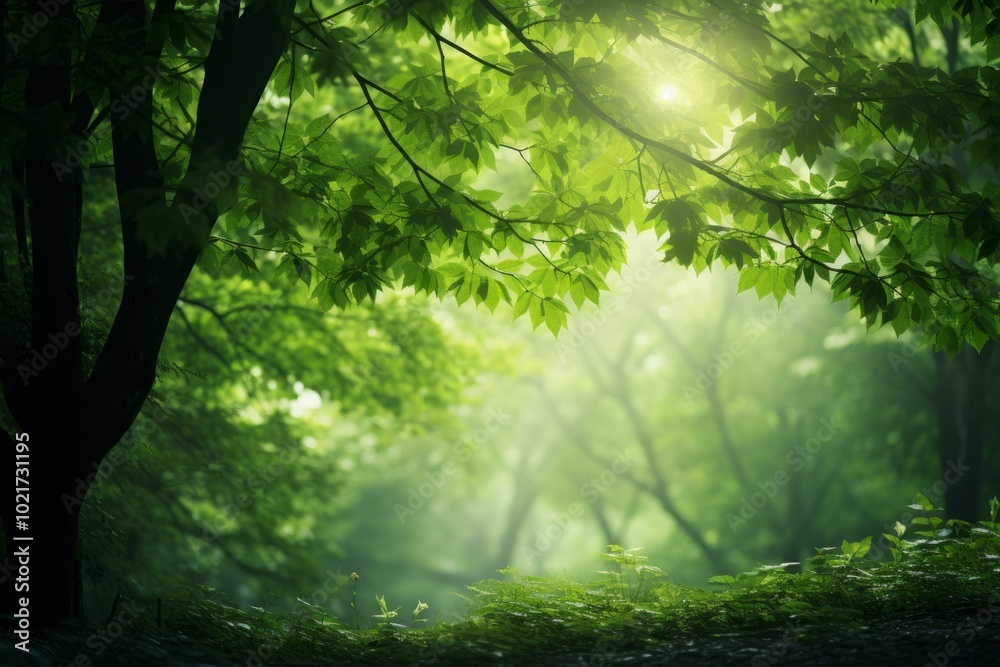 Fototapeta premium Magical morning light filters through a lush green woodland, illuminating a tranquil forest path