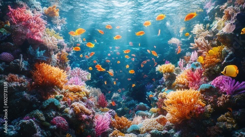 Vibrant underwater scene with colorful coral reef and fish swimming in a tropical ocean.