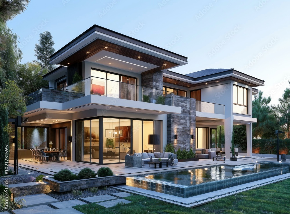 Fototapeta premium Modern Mansion with Outdoor Pool and Garden